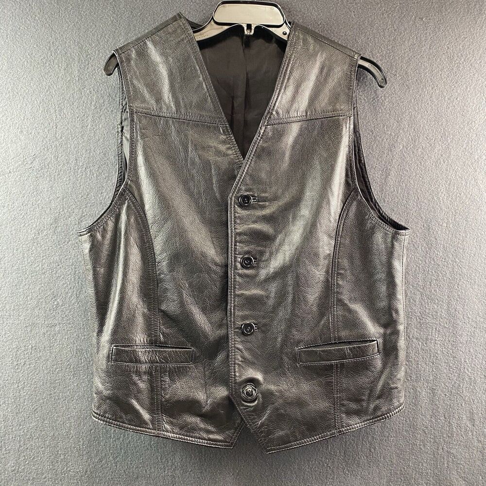 Genuine Black Leather Motorcycle Vest Size Large Made In The USA Button Up Adjst